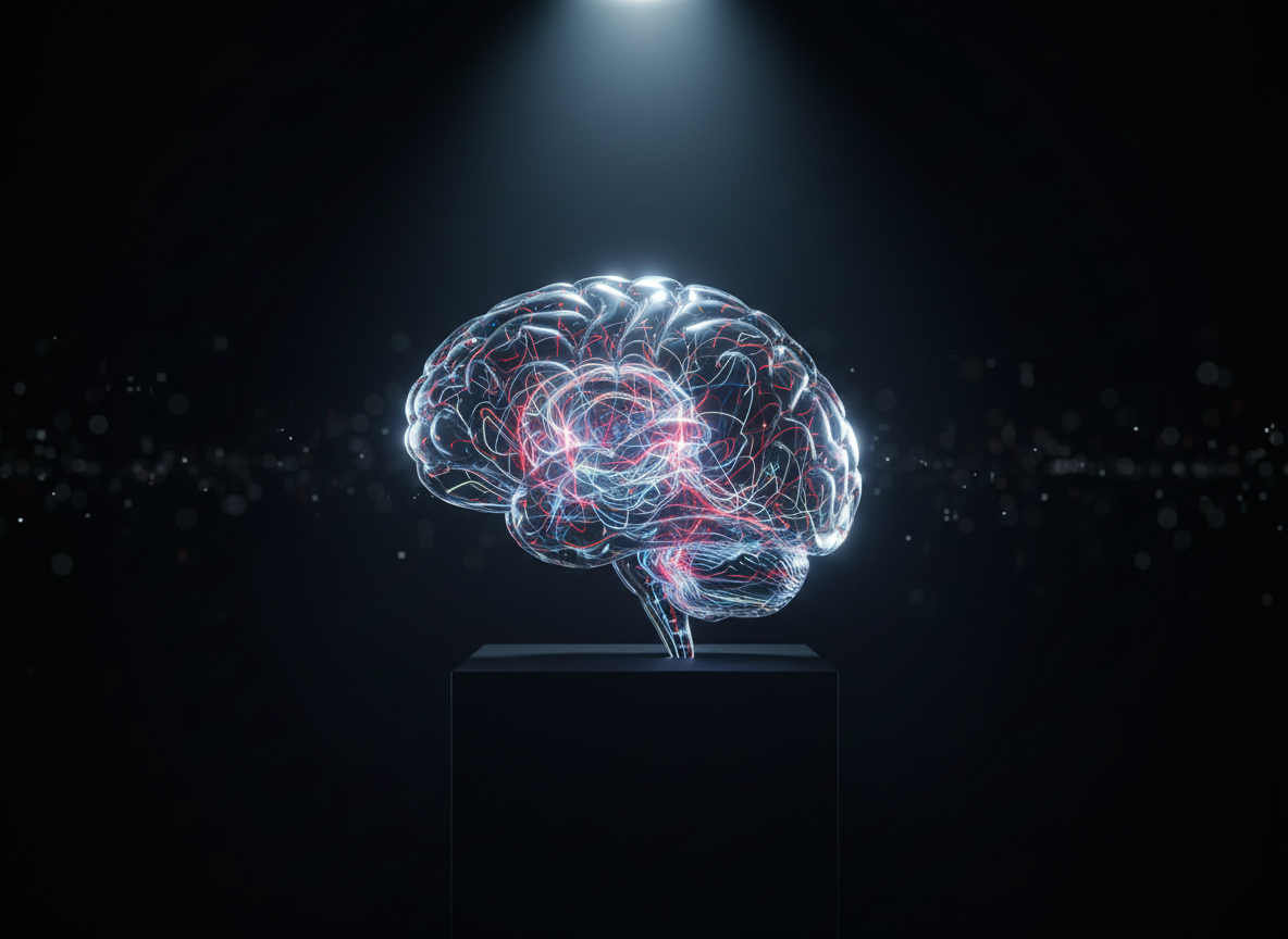 A crystal-clear glass brain sculpture, anatomically detailed with visible folds and ridges, sits atop a black, matte pedestal. Thin, luminous threads of light in red, blue, and white weave through the brain, forming a subtle network that suggests logical connections and bias awareness. The scene is set in a dark, undefined studio space, with a single cool spotlight from above and slightly behind, creating sharp highlights and a faint halo of rim light around the edges. The background falls into deep, velvety black with a soft bokeh of distant, out-of-focus data-like dots. Photographic realism, centered composition, and dramatic contrast create a serious, analytical mood, representing a mind trained against manipulation.
