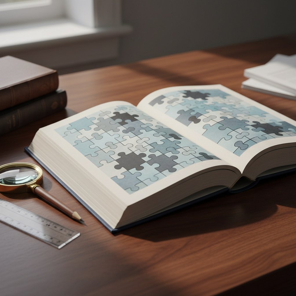 A highly detailed, open hardcover book with matte, cream-colored pages, each page filled not with text but with intricate, interlocking puzzle pieces printed in subtle shades of blue and gray. The book rests on a dark wooden desk surrounded by neatly arranged tools of analysis: a magnifying glass, a sleek graphite pencil, and a small, transparent ruler. Soft, directional daylight from the left casts elongated shadows and highlights the texture of the paper and wood grain. Captured at eye level with a gentle shallow depth of field that keeps the book in sharp focus, the photographic image feels calm, professional, and intellectually engaging, symbolizing the structured process of learning to think critically.