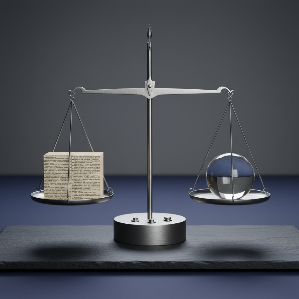 A precisely balanced scale made of brushed stainless steel, placed at the center of a smooth, dark stone surface. On one side of the scale, a neatly stacked pile of printed pages filled with dense, tiny text; on the other, a single, clear glass sphere that refracts light into subtle rainbows. The background is a soft, out-of-focus gradient from charcoal to deep blue, created in a controlled studio environment. Cool, directional side lighting from the right emphasizes the metal’s texture, casts defined shadows, and creates shimmering highlights on the glass sphere. Photographic realism with a centered, symmetrical composition and shallow depth of field establishes a contemplative, serious atmosphere, symbolizing weighing evidence versus illusions and emotional manipulation.
